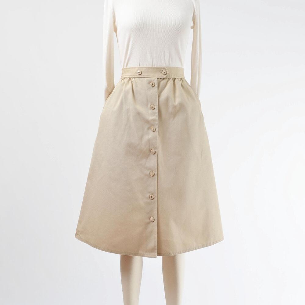 Vintage 80s Khaki Safari A-line Button Front Flared Midi Skirt with Pockets M